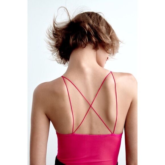 NWT Zara Fuchsia Tulle Semi-Sheer Bodysuit, Size Large - Picture 4 of 15